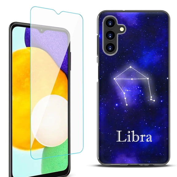 Slim-Fit Protective Fashion Phone Case (Black) for Samsung Galaxy A13 5G, with Tempered Glass Screen Protector, by OneToughShield - Zodiac / Libra