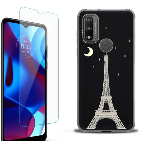 Slim-Fit Protective Phone Case (Black) compatible with Motorola Moto G Pure 5G, with Tempered Glass Screen Protector, by OneToughShield ® - Eiffel Tower Moon