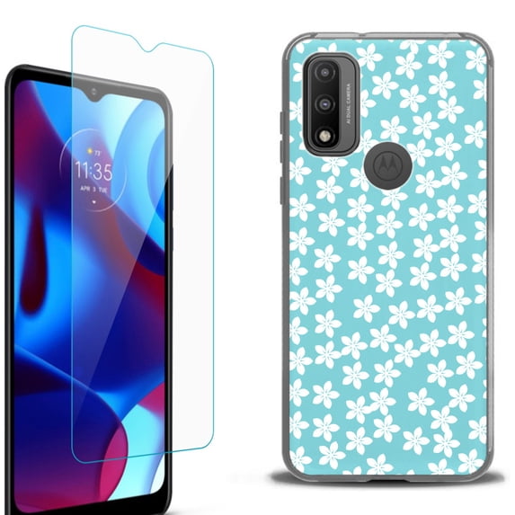 Slim-Fit Protective Phone Case (Black) compatible with Motorola Moto G Pure 5G, with Tempered Glass Screen Protector, by OneToughShield ® - Flower/Teal