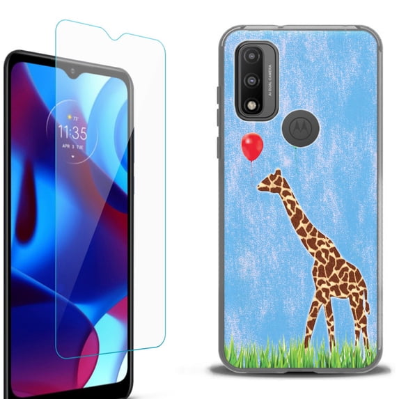 Slim-Fit Protective Phone Case (Black) compatible with Motorola Moto G Pure 5G, with Tempered Glass Screen Protector, by OneToughShield ® - Giraffe/Balloon
