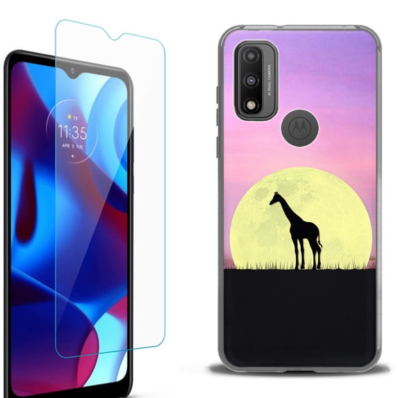 Slim-Fit Protective Phone Case (Black) compatible with Motorola Moto G Pure 5G, with Tempered Glass Screen Protector, by OneToughShield ® - Moonlight Giraffe