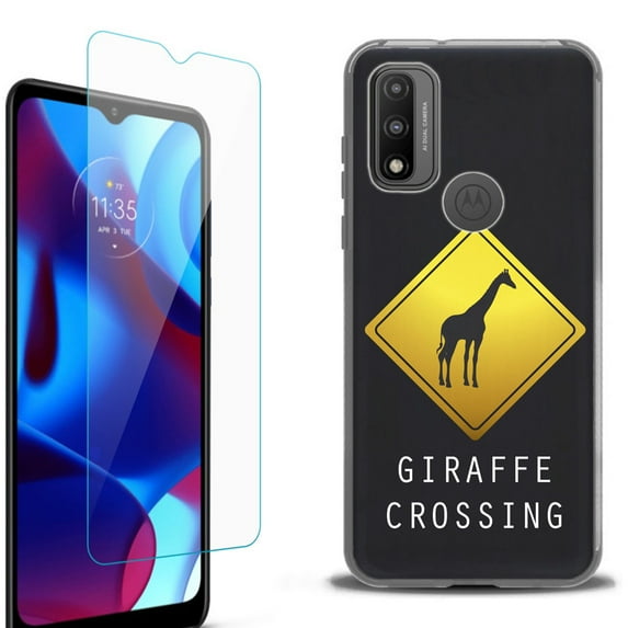 Slim-Fit Protective Phone Case (Black) compatible with Motorola Moto G Pure 5G, with Tempered Glass Screen Protector, by OneToughShield ® - Road Sign Giraffe