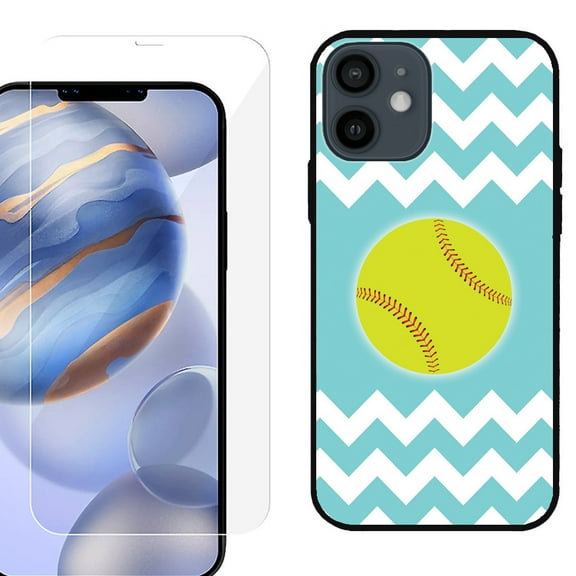 Slim-Fit Protective Phone Case (Black) compatible with iPhone 12 / iPhone 12 Pro, with Tempered Glass Screen Protector, by OneToughShield ® - Chevron/Teal/Softball
