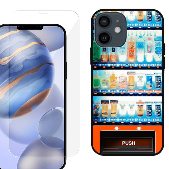 Slim-Fit Protective Phone Case (Black) compatible with iPhone 12 / iPhone 12 Pro, with Tempered Glass Screen Protector, by OneToughShield  - Vending Machine