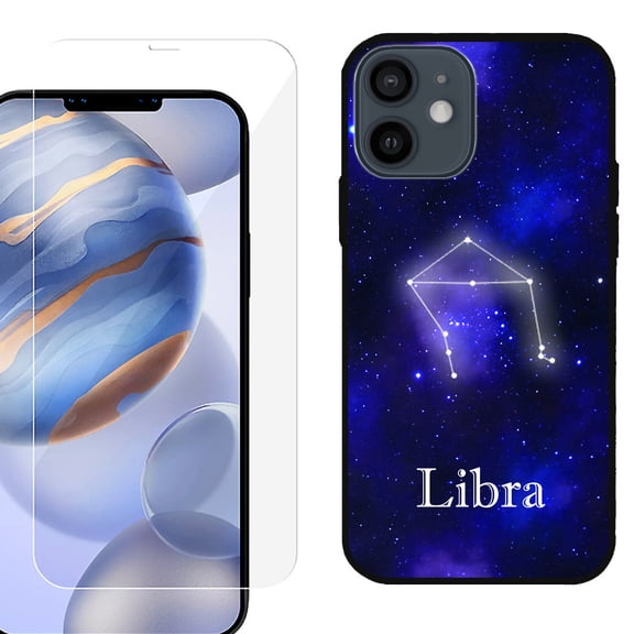 Slim-Fit Protective Phone Case (Black) compatible with iPhone 12 / iPhone 12 Pro, with Tempered Glass Screen Protector, by OneToughShield - Zodiac / Libra