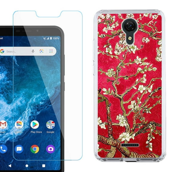 Slim-Fit Protective Phone Case compatible with Cricket Icon 2, with Tempered Glass Screen Protector, by OneToughShield ® - Almond Blossom Red