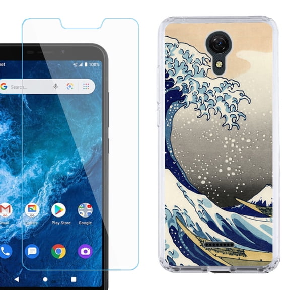 Slim-Fit Protective Phone Case compatible with Cricket Icon 2, with Tempered Glass Screen Protector, by OneToughShield  - Great Wave