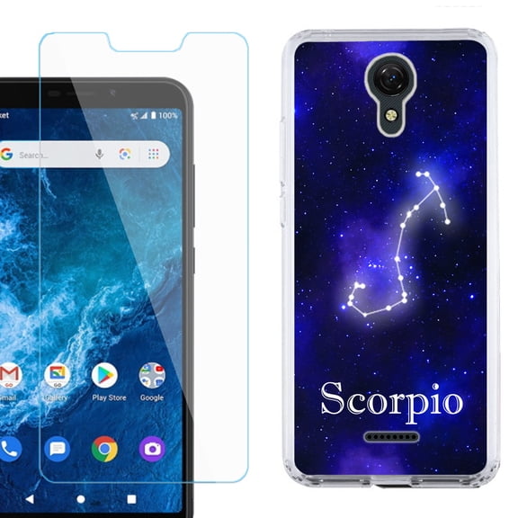 Slim-Fit Protective Phone Case compatible with Cricket Icon 2, with Tempered Glass Screen Protector, by OneToughShield  - Zodiac / Scorpio