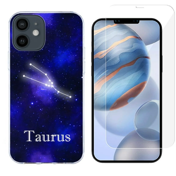 Slim-Fit Protective Phone Case compatible with iPhone 12 Mini, with Tempered Glass Screen Protector, by OneToughShield  - Zodiac / Taurus