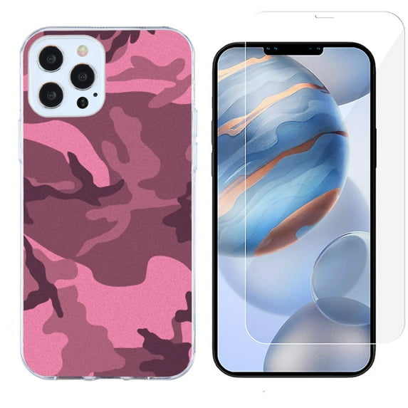 Slim-Fit Protective Phone Case compatible with iPhone 12 Pro Max, with Tempered Glass Screen Protector, by OneToughShield ® - Camo Pink