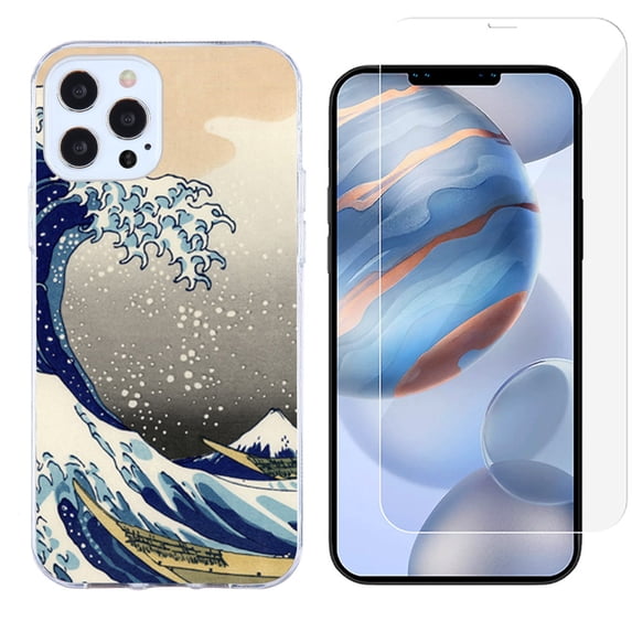 Slim-Fit Protective Phone Case compatible with iPhone 12 Pro Max, with Tempered Glass Screen Protector, by OneToughShield ® - Great Wave