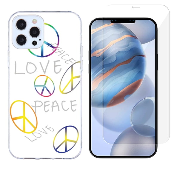 Slim-Fit Protective Phone Case compatible with iPhone 12 Pro Max, with Tempered Glass Screen Protector, by OneToughShield ® - Love/Peace