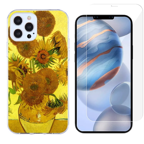 Slim-Fit Protective Phone Case compatible with iPhone 12 Pro Max, with Tempered Glass Screen Protector, by OneToughShield ® - Sunflower
