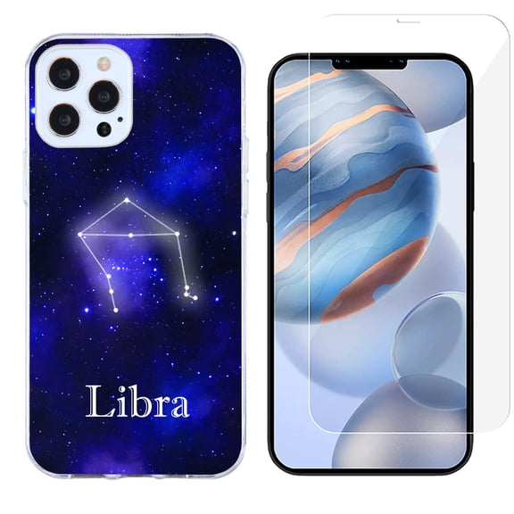 Slim-Fit Protective Phone Case compatible with iPhone 12 Pro Max, with Tempered Glass Screen Protector, by OneToughShield - Zodiac / Libra