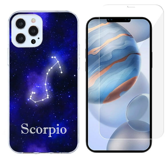 Slim-Fit Protective Phone Case compatible with iPhone 12 Pro Max, with Tempered Glass Screen Protector, by OneToughShield  - Zodiac / Scorpio