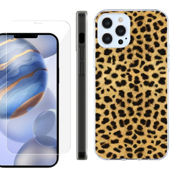 Slim Fit Protective Phone Case for Apple iPhone 12 / iPhone 12 Pro, with Tempered Glass Screen Protector, by OneToughShield ® - Cheetah Gold/Black