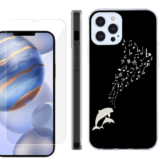 Slim Fit Protective Phone Case for Apple iPhone 12 / iPhone 12 Pro, with Tempered Glass Screen Protector, by OneToughShield ® - Dolphin Music