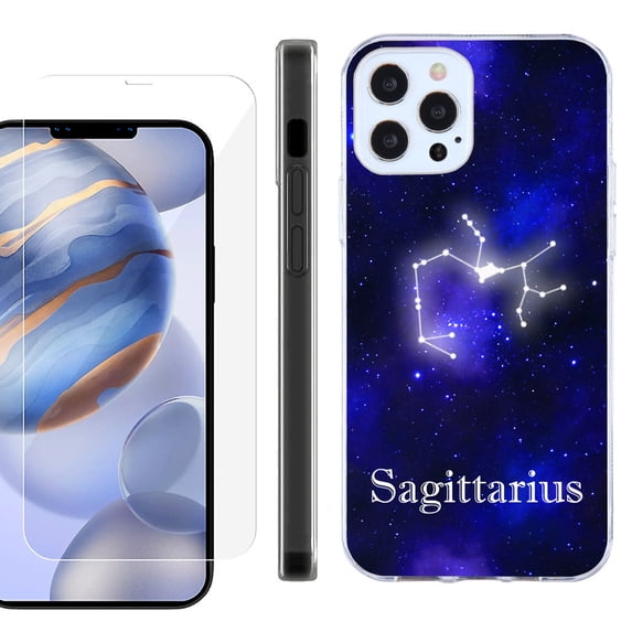 Slim Fit Protective Phone Case for Apple iPhone 12 / iPhone 12 Pro, with Tempered Glass Screen Protector, by OneToughShield ® - Zodiac / Sagittarius