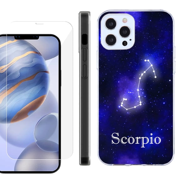 Slim Fit Protective Phone Case for Apple iPhone 12 / iPhone 12 Pro, with Tempered Glass Screen Protector, by OneToughShield  - Zodiac / Scorpio