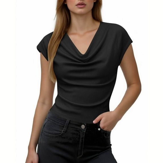 Slim Fit Ribbed Knit Top for Women Cowl Neck Cap Sleeve Textured Soft Stretchy Pullover Basic Color Casual Summer Fashion Tee Shirt