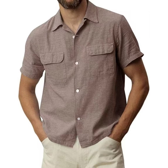 Slim Fit Solid Color Shirts for Men Button Down Short Sleeve Formal Business Blouse Cotton Linen Wedding Gauze Shirts Brown M