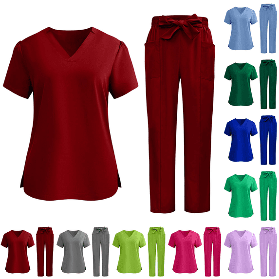 Slim Fit Stretchy Scrubs Womens Jogger Scrub Set Slim Jogger Scrubs with Tuck-In Top for Women Wine XL