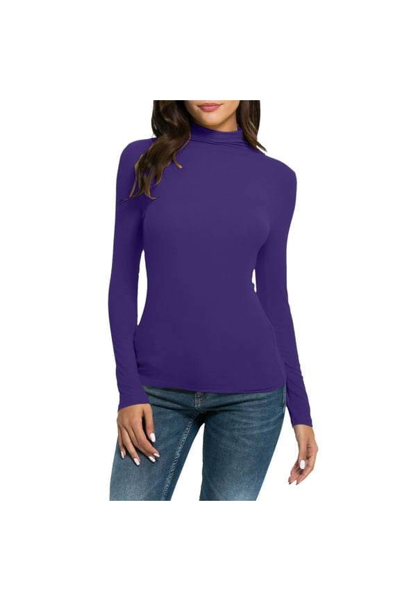 Slim Fit Stretchy Undershirt Womens Turtleneck Long Sleeve Layer Tee Shirts Casual Lightweight Basic Tops Purple S