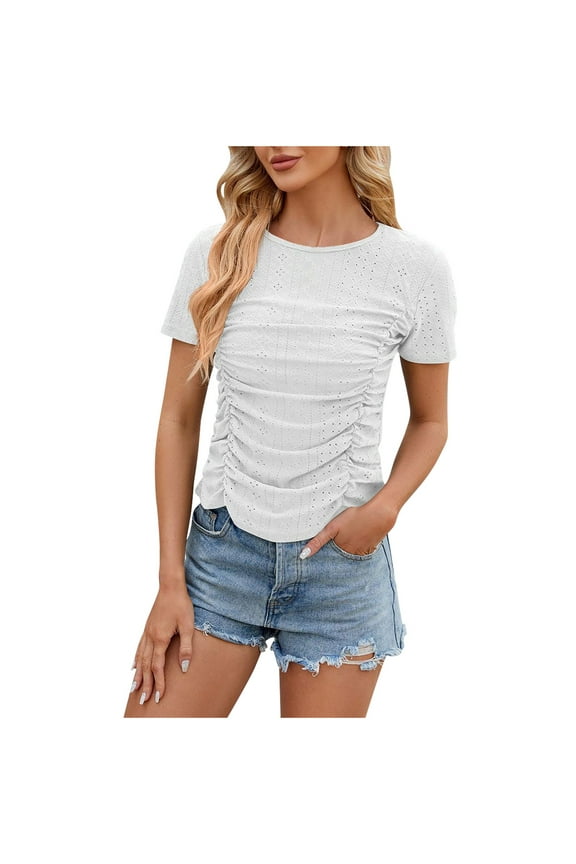 Slim Fit T-Shirts for Women Short Sleeve Round Neck Elastic Mesh Hole Tees Juniors Girls Tees 2025 Summer White,XL