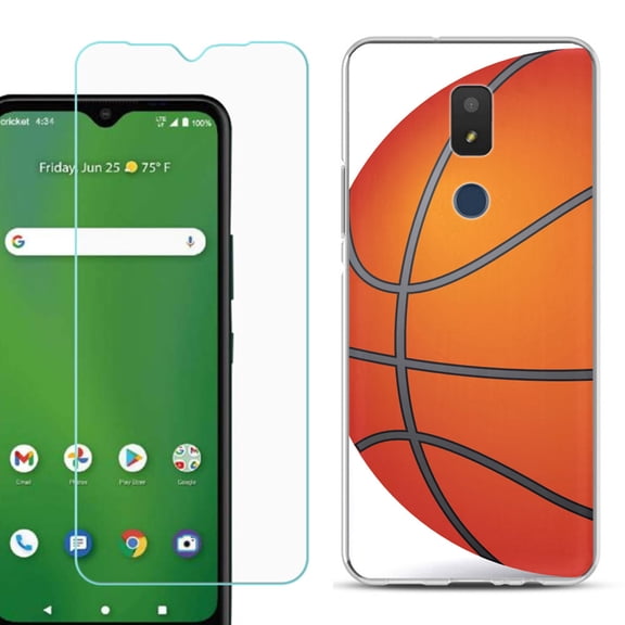 Slim-Fit TPU Fashion Phone Case for Cricket Icon 3, with Tempered Glass Screen Protector, by OneToughShield ® - Basketball