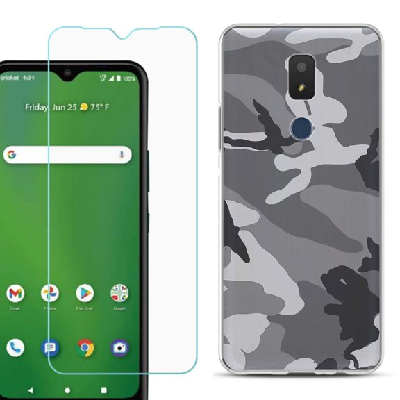 Slim-Fit TPU Fashion Phone Case for Cricket Icon 3, with Tempered Glass Screen Protector, by OneToughShield ® - Camo B/W