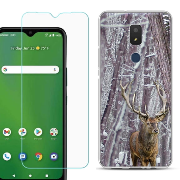 Slim-Fit TPU Fashion Phone Case for Cricket Icon 3, with Tempered Glass Screen Protector, by OneToughShield ® - Deer/Snow/Camo