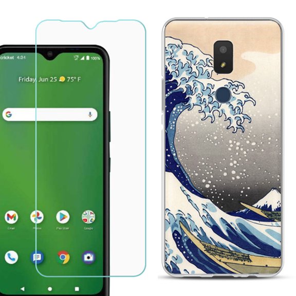Slim-Fit TPU Fashion Phone Case for Cricket Icon 3, with Tempered Glass Screen Protector, by OneToughShield  - Great Wave