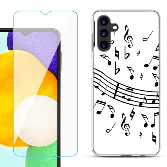 Slim-Fit TPU Fashion Phone Case for Samsung Galaxy A13 5G, with Tempered Glass Screen Protector, by OneToughShield ® - Music Notes / White