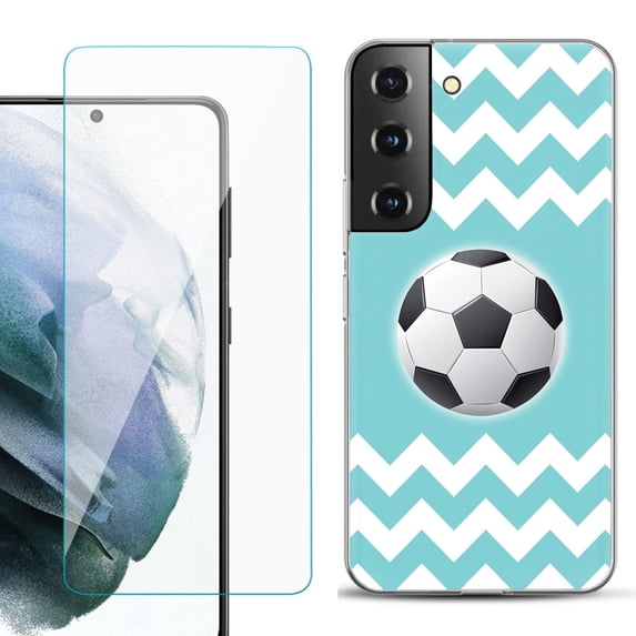 Slim-Fit TPU Fashion Phone Case for Samsung Galaxy S22 5G, with Tempered Glass Screen Protector, by OneToughShield ® - Chevron/Soccer