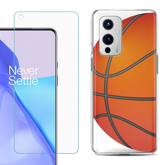Slim-Fit TPU Phone Case Compatible with OnePlus 9 5G, with Tempered Glass Screen Protector, by OneToughShield ® - Basketball