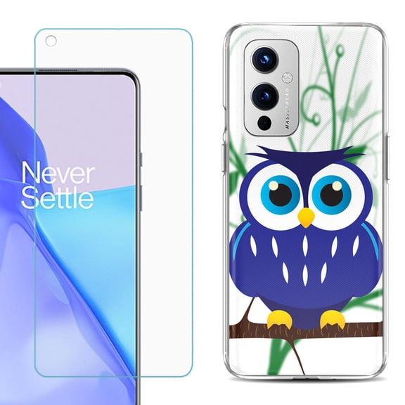 Slim-Fit TPU Phone Case Compatible with OnePlus 9 5G, with Tempered Glass Screen Protector, by OneToughShield ® - Blue Owl