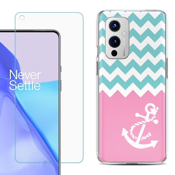 Slim-Fit TPU Phone Case Compatible with OnePlus 9 5G, with Tempered Glass Screen Protector, by OneToughShield ® - Chevron/Teal/Anchor