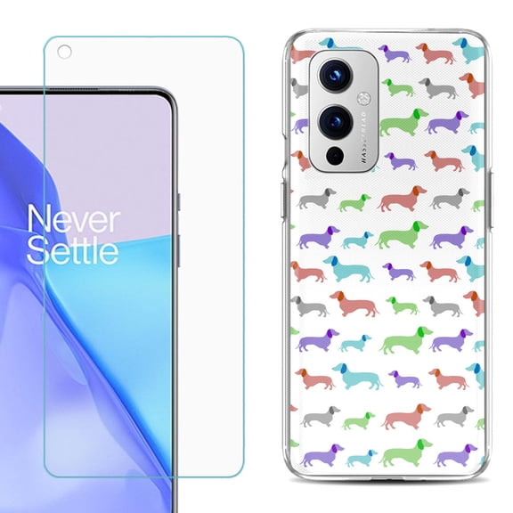 Slim-Fit TPU Phone Case Compatible with OnePlus 9 5G, with Tempered Glass Screen Protector, by OneToughShield ® - Colorful Dachshund/Puppy