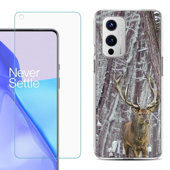 Slim-Fit TPU Phone Case Compatible with OnePlus 9 5G, with Tempered Glass Screen Protector, by OneToughShield ® - Deer/Snow/Camo
