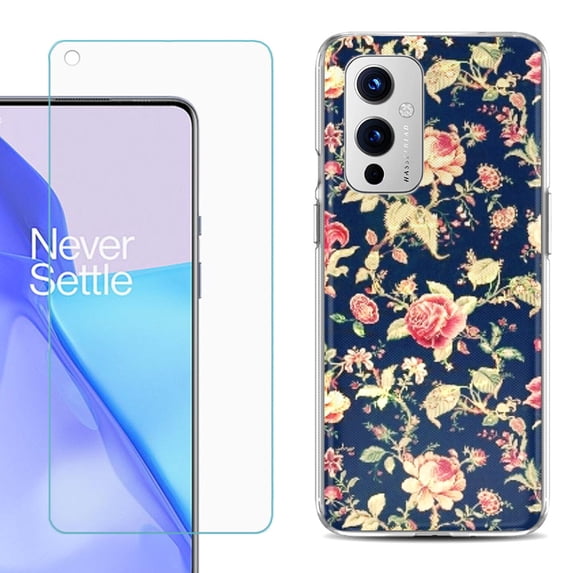Slim-Fit TPU Phone Case Compatible with OnePlus 9 5G, with Tempered Glass Screen Protector, by OneToughShield ® - Floral Garden