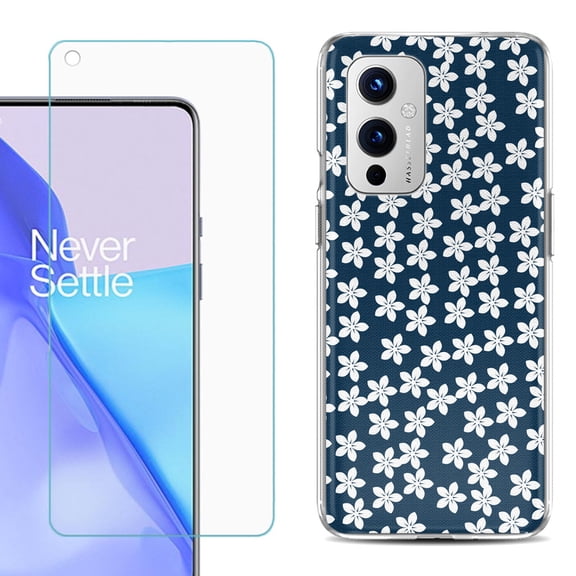Slim-Fit TPU Phone Case Compatible with OnePlus 9 5G, with Tempered Glass Screen Protector, by OneToughShield ® - Flower/Blue