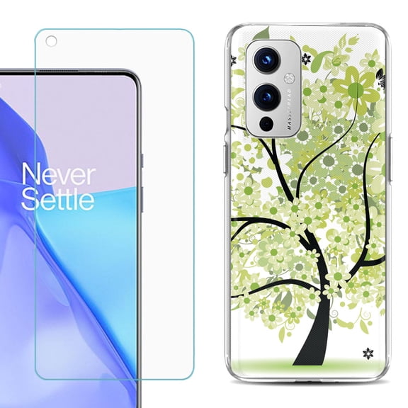 Slim-Fit TPU Phone Case Compatible with OnePlus 9 5G, with Tempered Glass Screen Protector, by OneToughShield ® - Green Tree