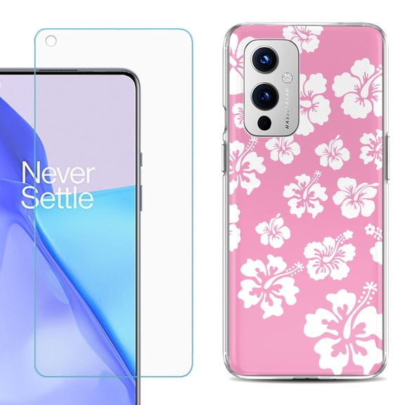Slim-Fit TPU Phone Case Compatible with OnePlus 9 5G, with Tempered Glass Screen Protector, by OneToughShield ® - Hibiscus Pink
