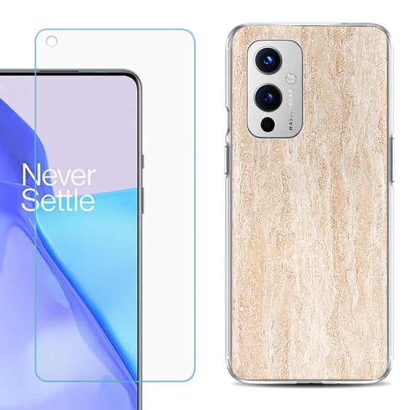 Slim-Fit TPU Phone Case Compatible with OnePlus 9 5G, with Tempered Glass Screen Protector, by OneToughShield ® - Marble/Coffee Tone