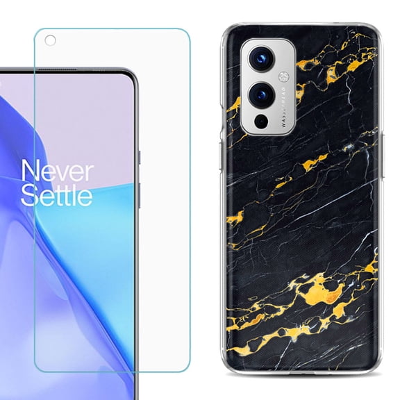 Slim-Fit TPU Phone Case Compatible with OnePlus 9 5G, with Tempered Glass Screen Protector, by OneToughShield ® - Marble / Lava