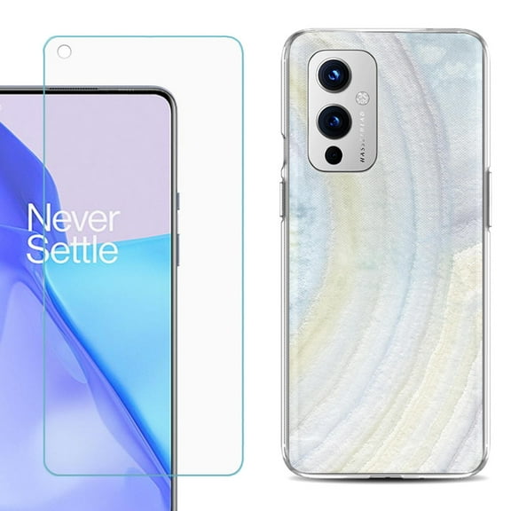 Slim-Fit TPU Phone Case Compatible with OnePlus 9 5G, with Tempered Glass Screen Protector, by OneToughShield ® - Marble / Rainbow