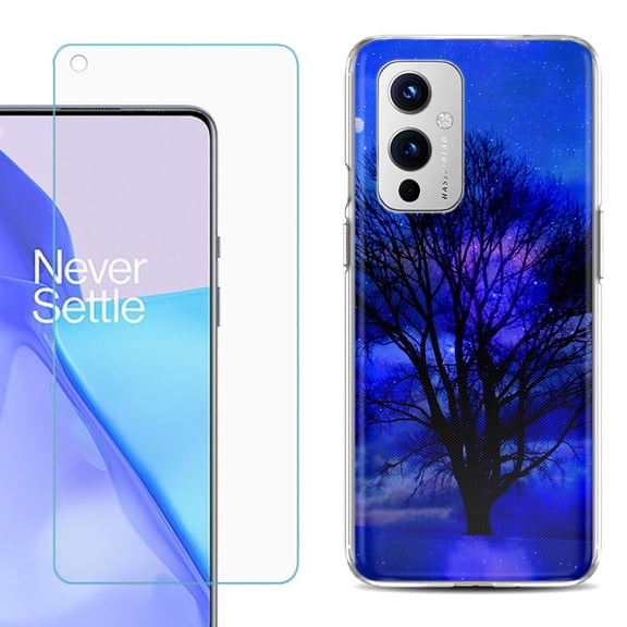 Slim-Fit TPU Phone Case Compatible with OnePlus 9 5G, with Tempered Glass Screen Protector, by OneToughShield ® - Night Tree