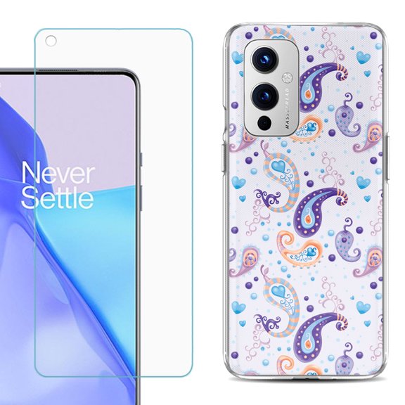 Slim-Fit TPU Phone Case Compatible with OnePlus 9 5G, with Tempered Glass Screen Protector, by OneToughShield ® - Paisley Purple