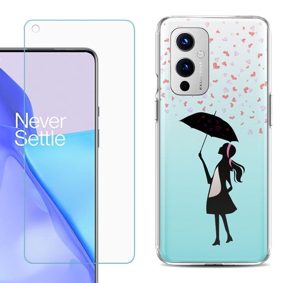 Slim-Fit TPU Phone Case Compatible with OnePlus 9 5G, with Tempered Glass Screen Protector, by OneToughShield ® - Rain/Hearts