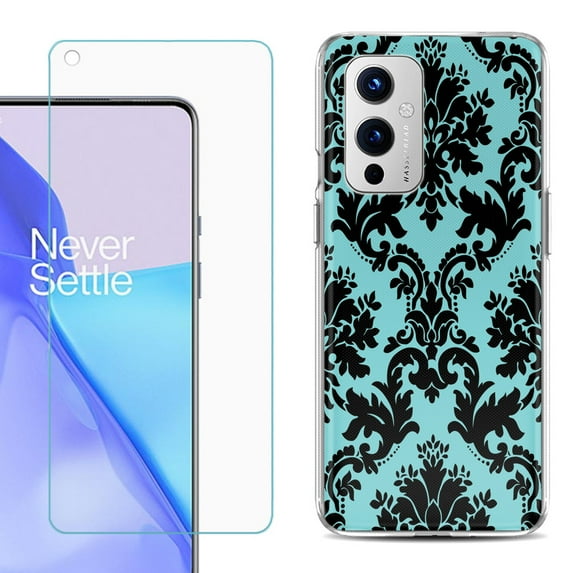 Slim-Fit TPU Phone Case Compatible with OnePlus 9 5G, with Tempered Glass Screen Protector, by OneToughShield ® - Victorian Blue/Black